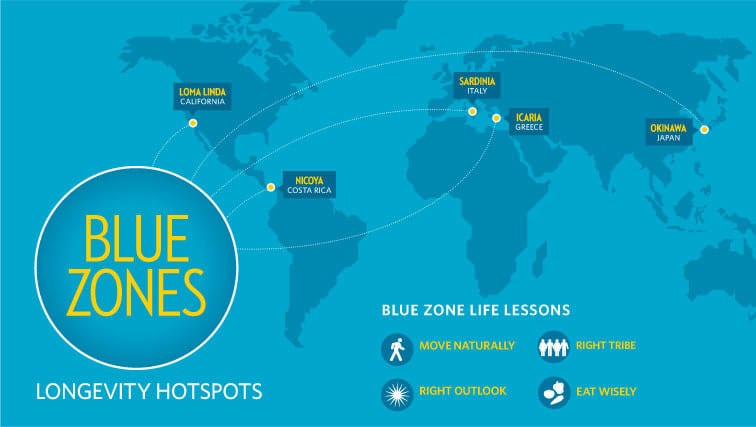 A map of the blue zones around the world