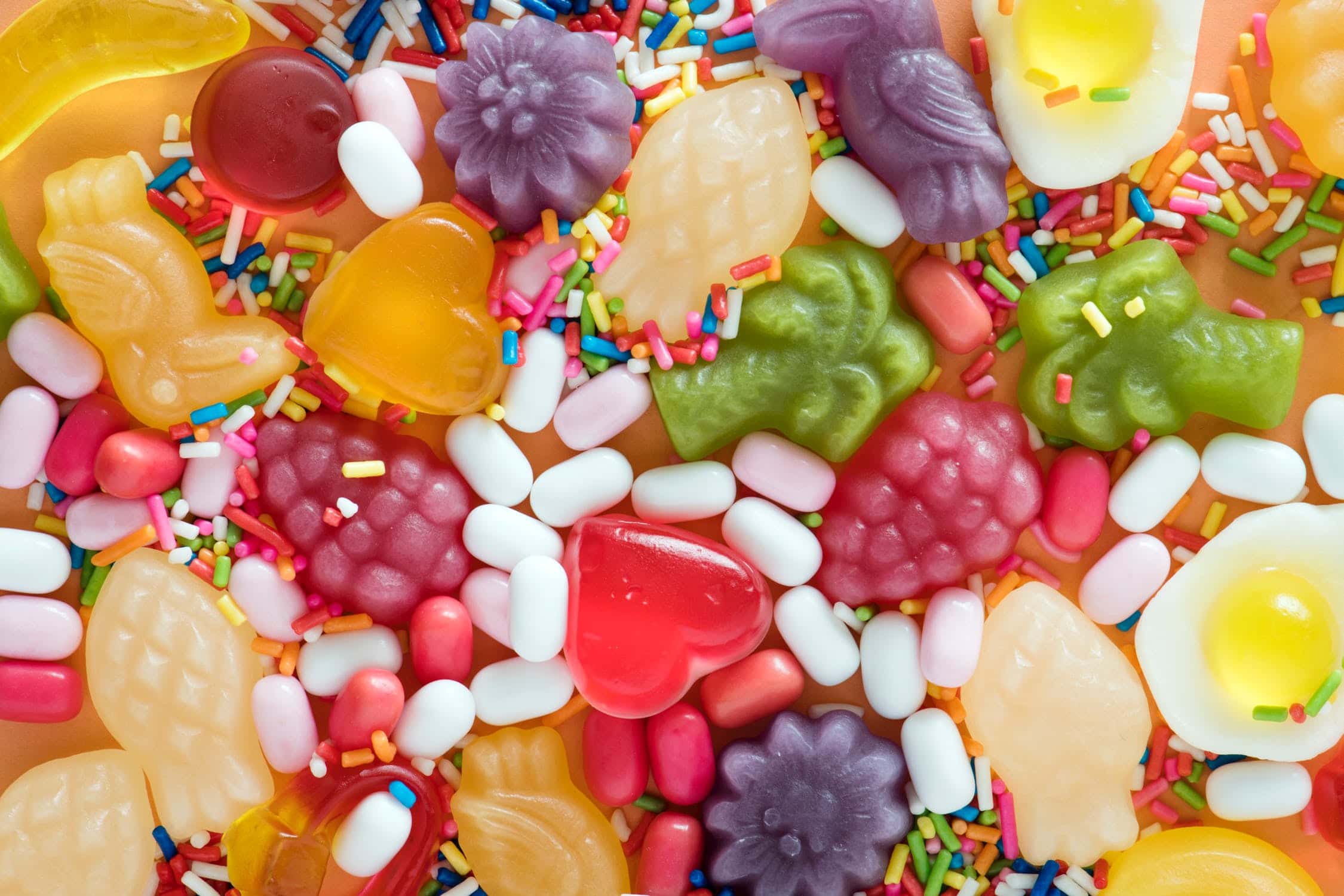 A pile of gummies that are high in sugar