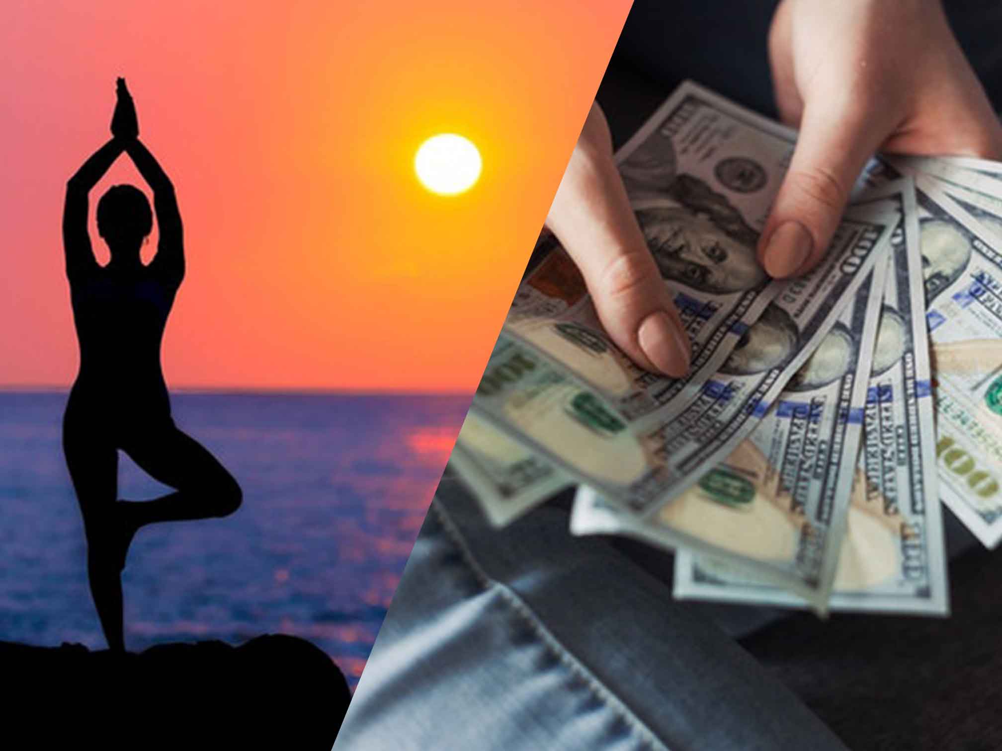 Split image of woman doing yoga during sunset and dollar bills in a persons hand