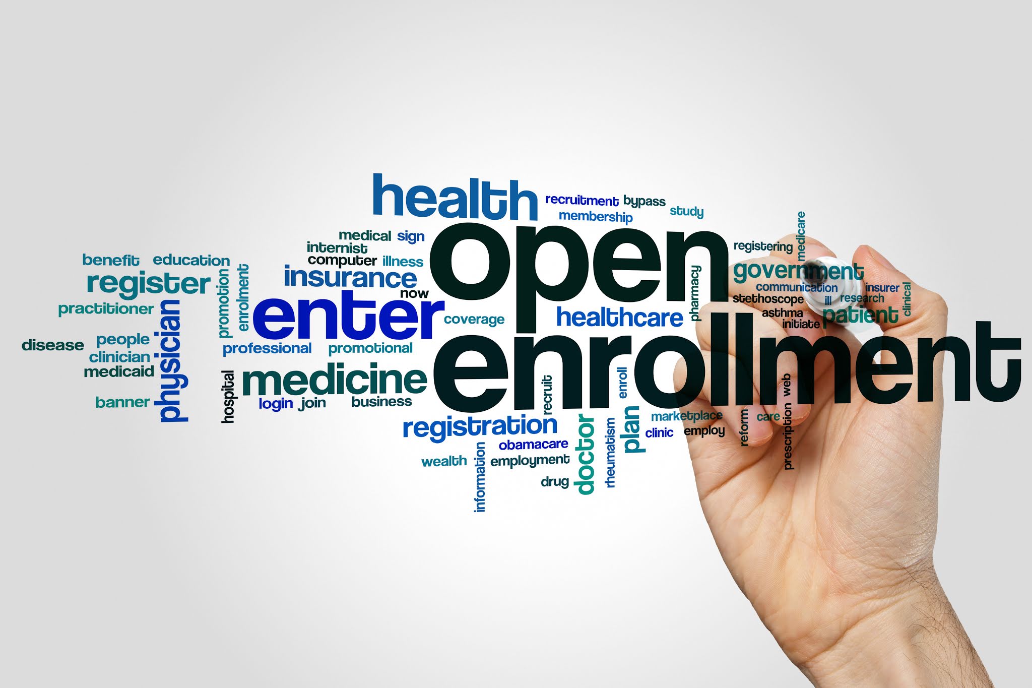 word cloud of hand writing out Open enrollment